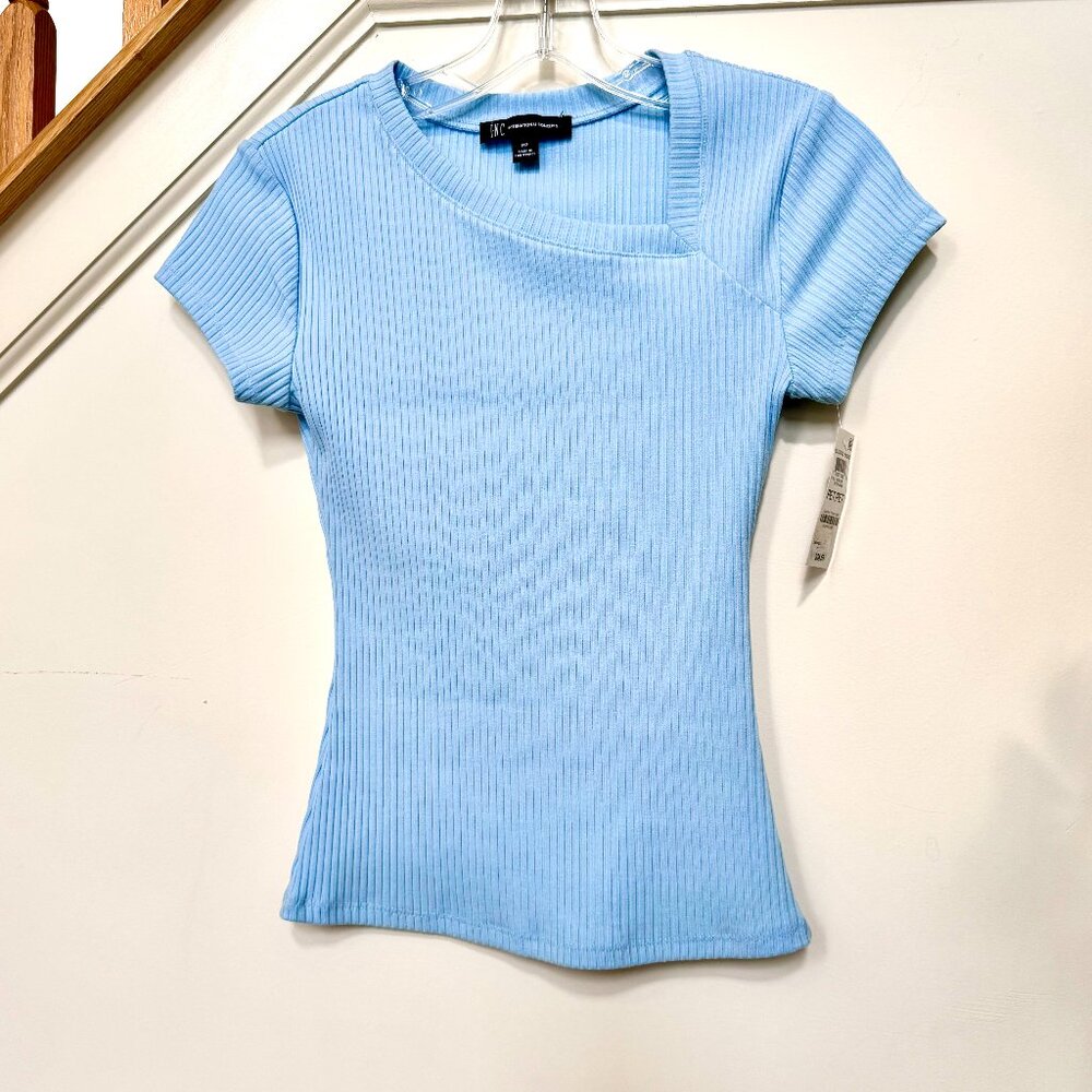 INC Baby Blue Ribbed Asymmetric Top